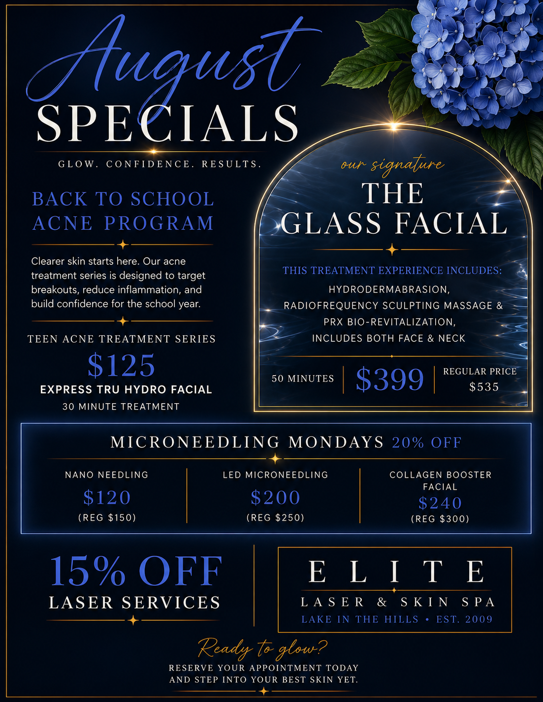 July specials flyer for laser, spray tan, and microneedling discounts, with fireworks and a sunhat model.