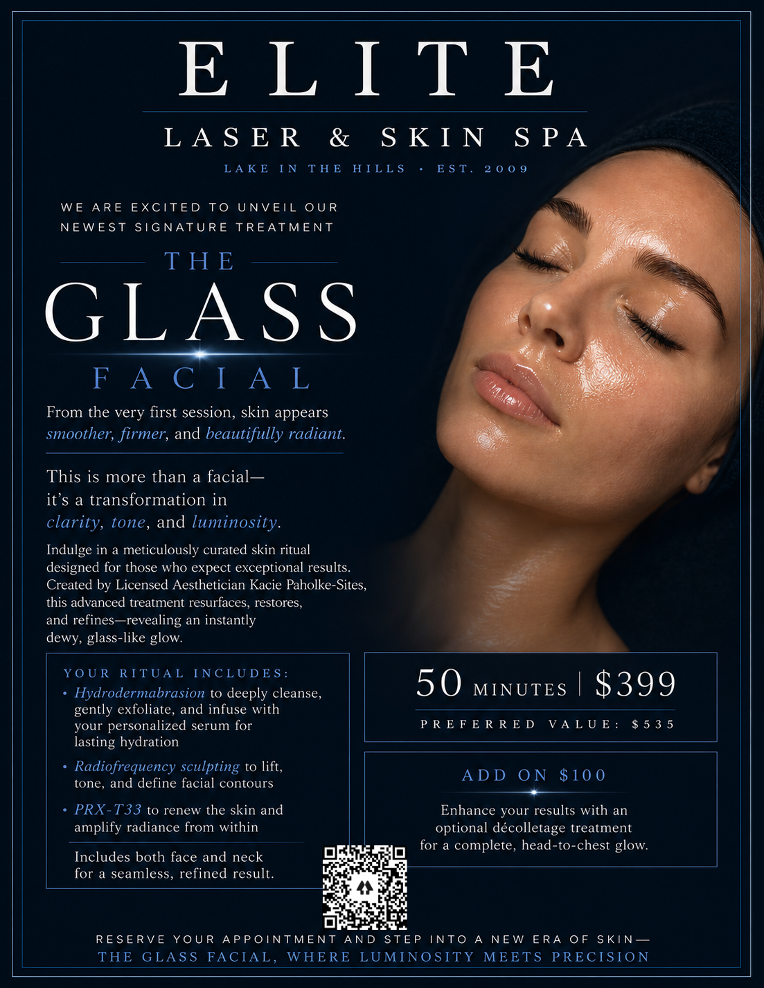 Elite Laser & Skin Spa ad for The Glass Facial, with a woman’s glowing face and promotional text.