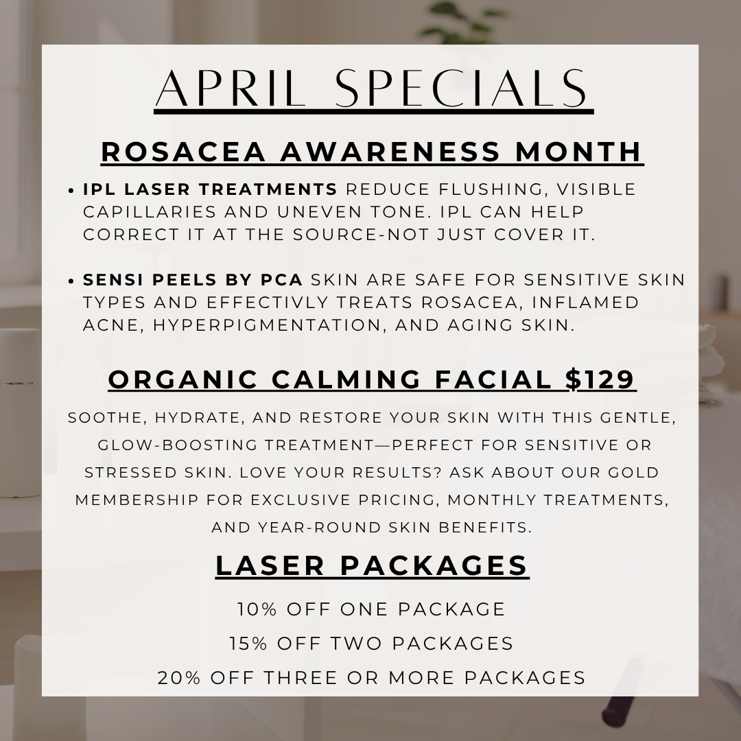 March specials: 25% off select single treatments, complexion refresh deals, National Chemical Peel Day on March 10th.