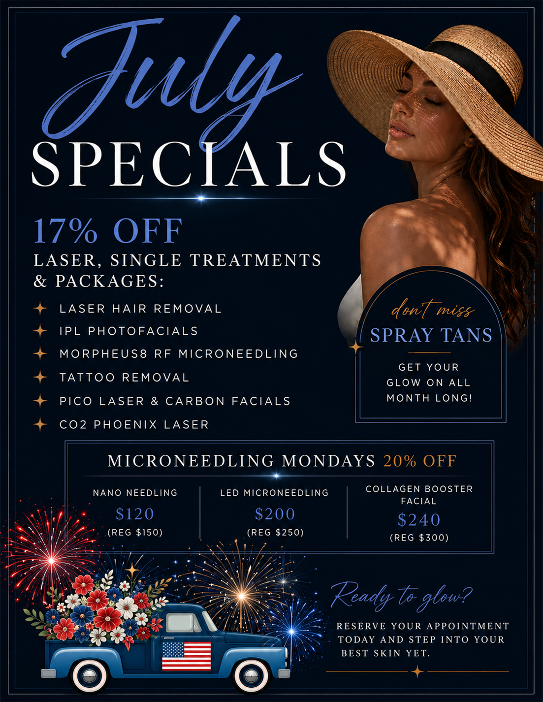 July specials flyer for laser, spray tan, and microneedling discounts, with fireworks and a sunhat model.