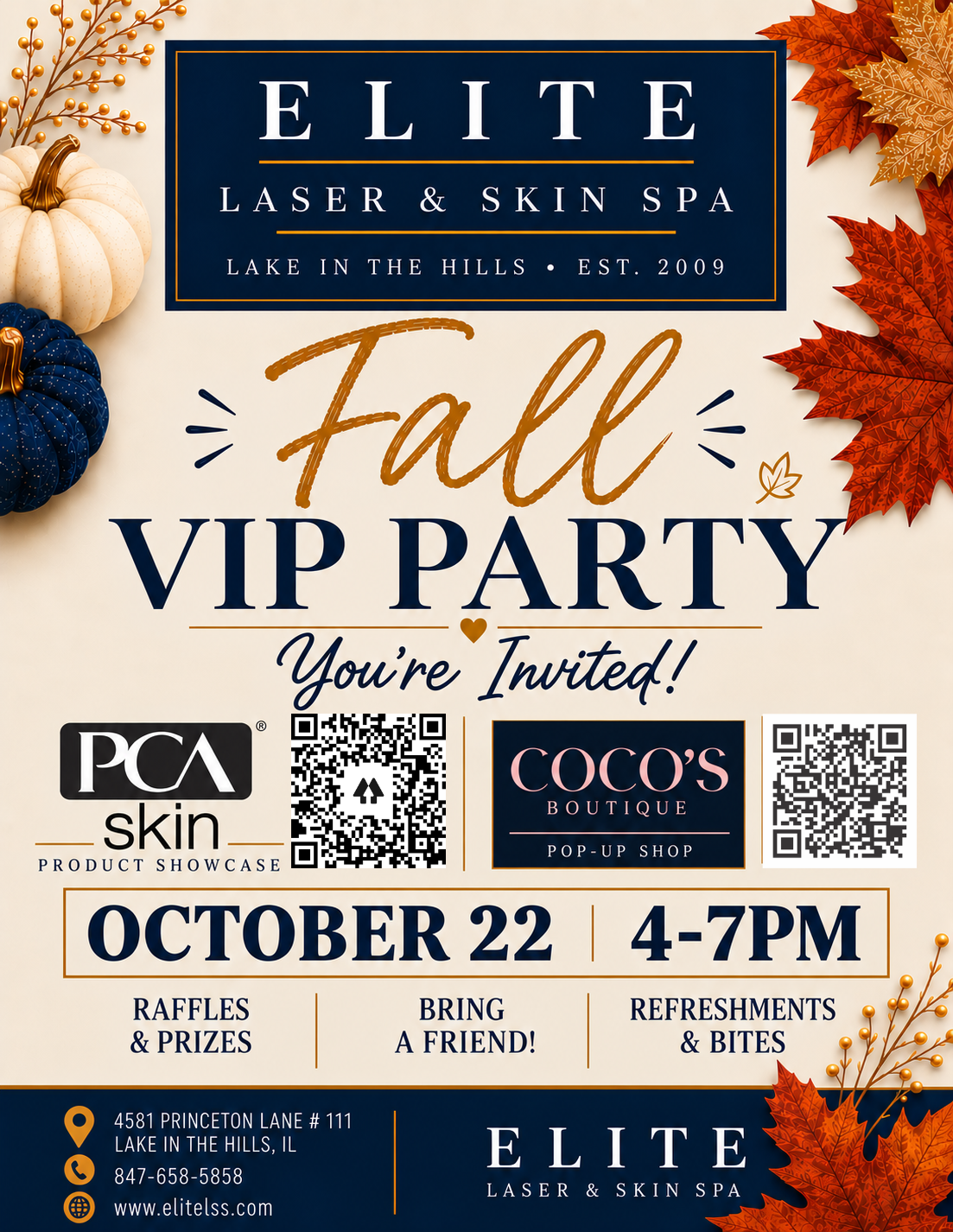 Fall VIP party flyer for Elite Laser & Skin Spa, October 22, 4–7 PM