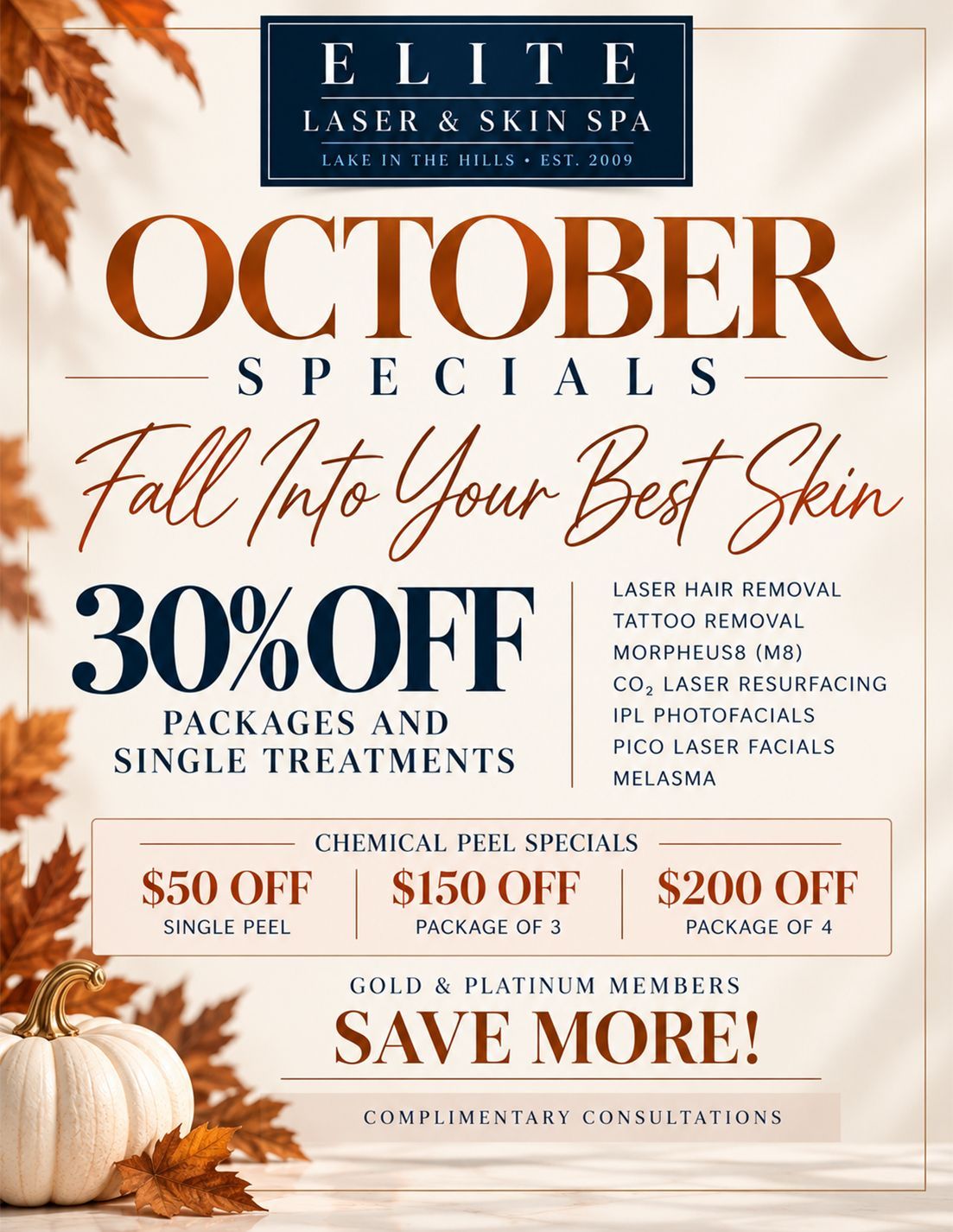 Fall special flyer for Elite Laser & Skin Spa: 30% off packages and single treatments, with $50 off, $150 off, and more.