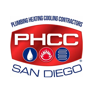PHCC San Diego plumbing, heating, and cooling contractors logo in red and blue with water, flame, and vent icons