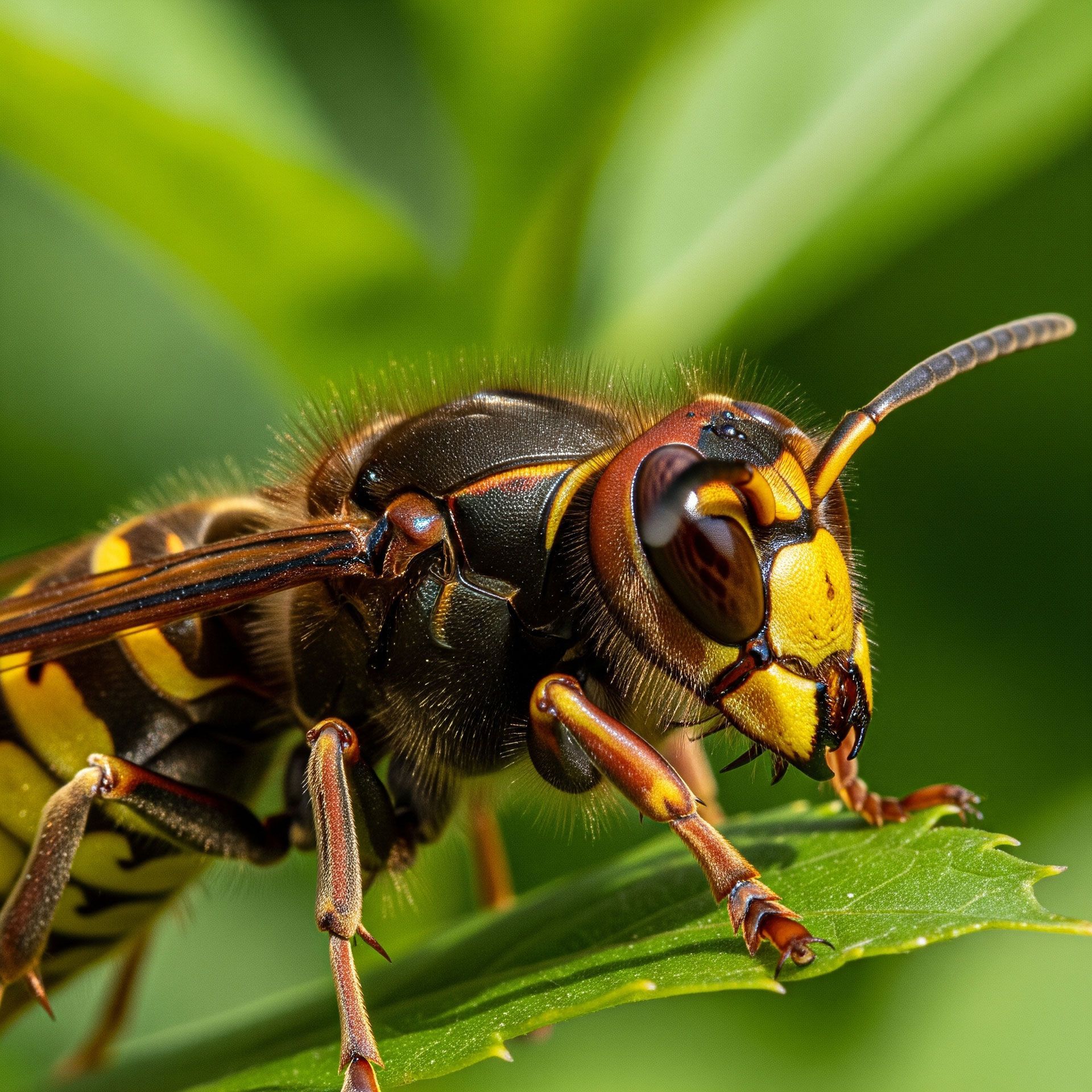 Close-up of a European hornet with a yellow and brown striped body, perched on a green leaf.