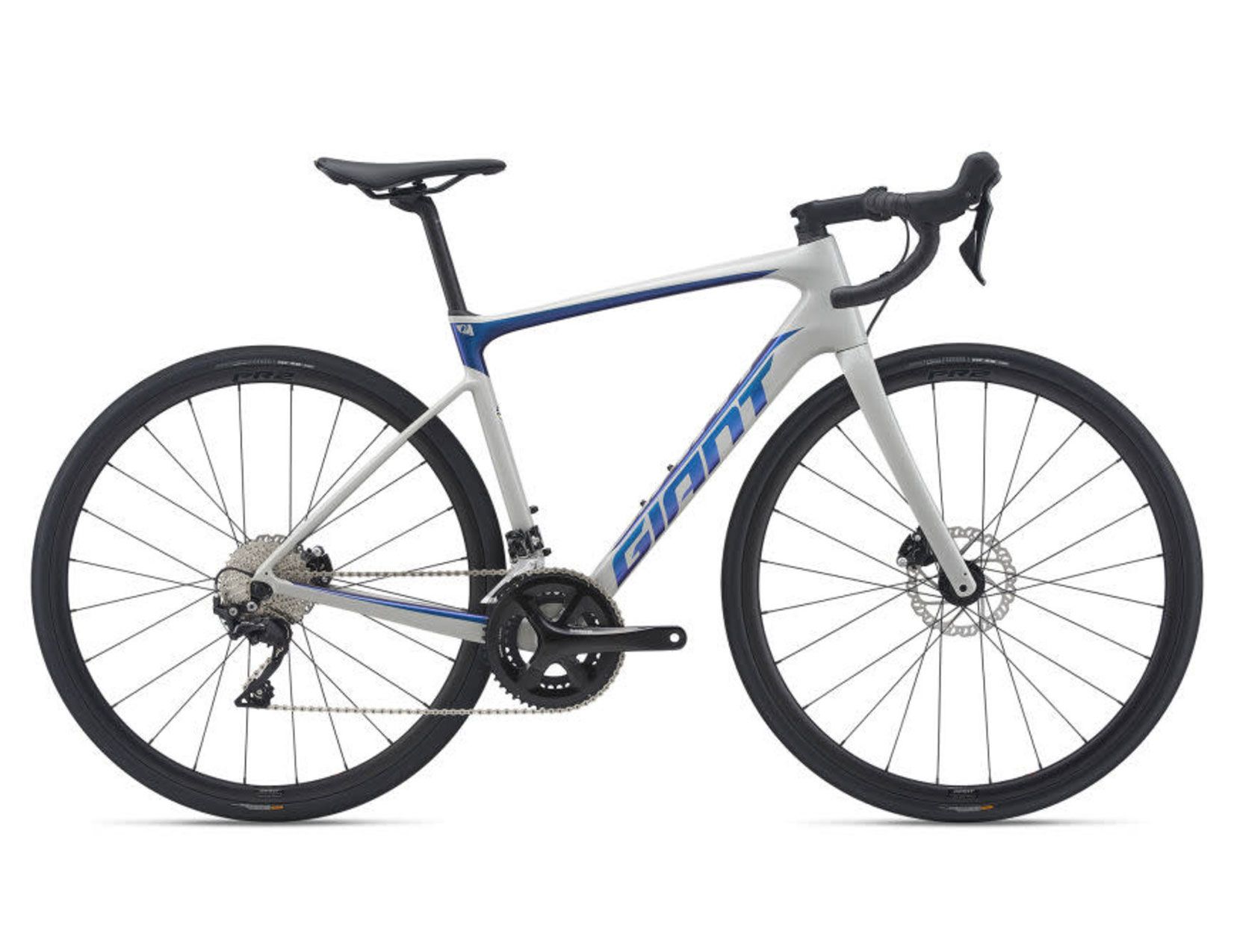The giant defy advanced pro 1 is a gray and blue bicycle on a white background.