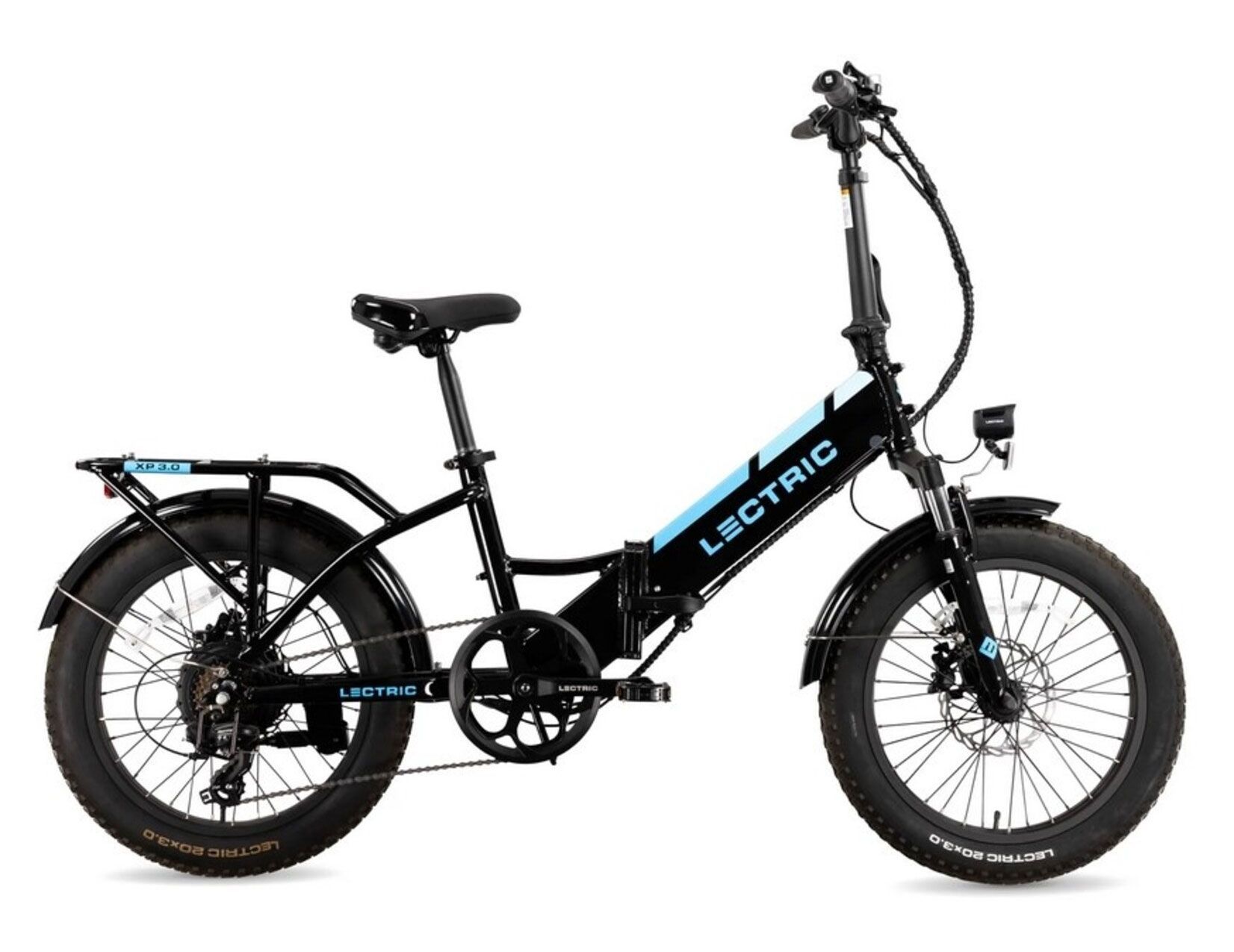 A black and blue folding electric bike on a white background.