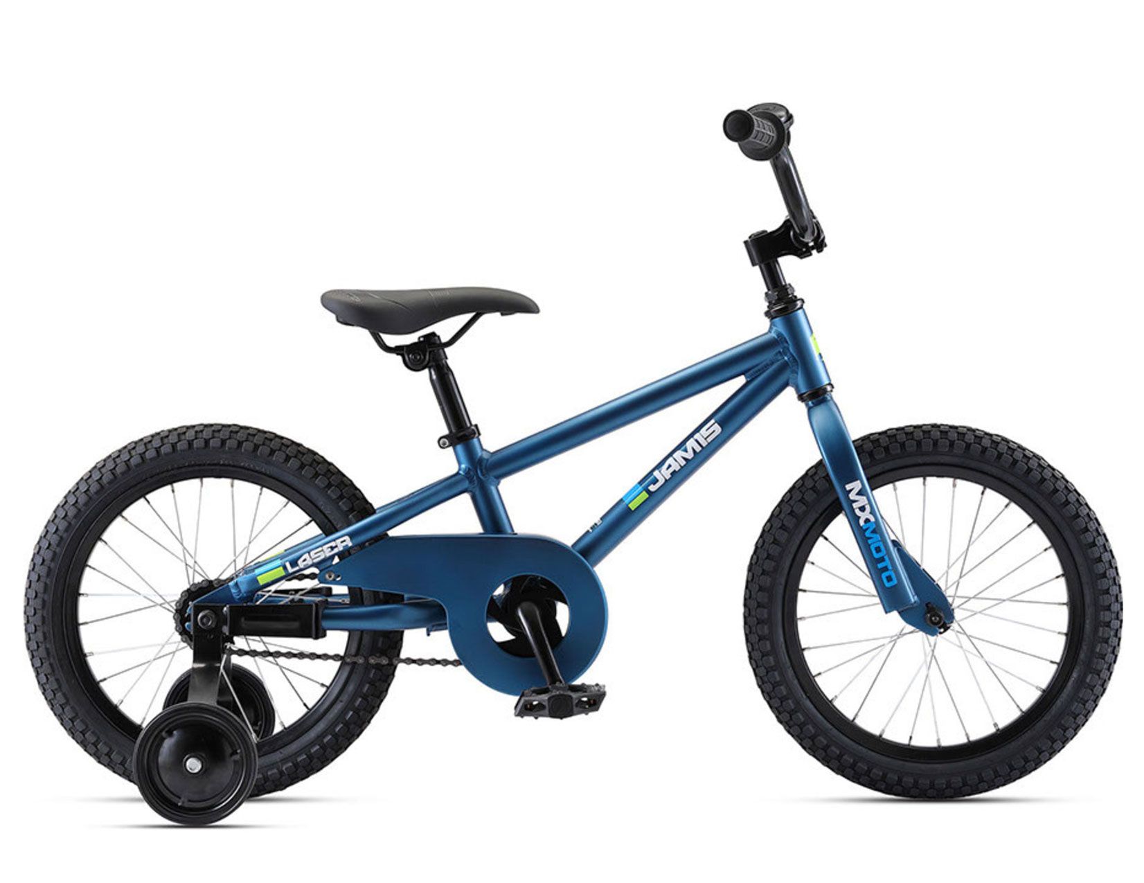 A blue bmx bike with training wheels on a white background.