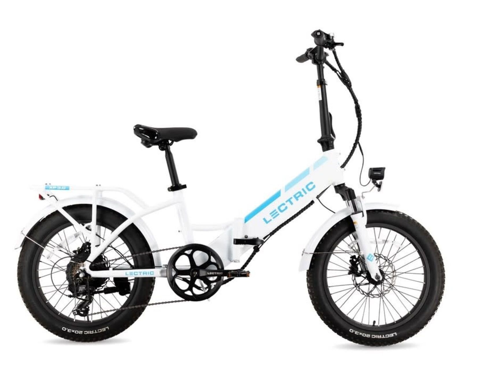 A white folding electric bike with a large tire on a white background.