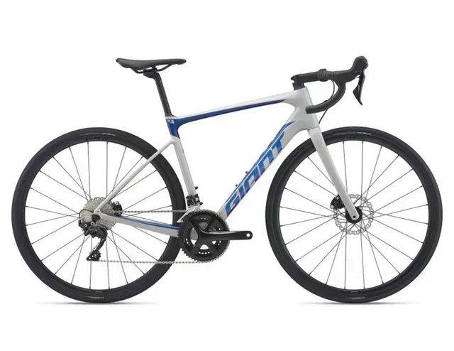 The giant defy advanced pro 1 is a gray and blue bicycle on a white background.