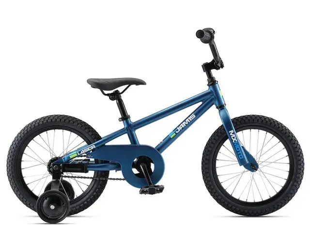 A blue bmx bike with training wheels on a white background.
