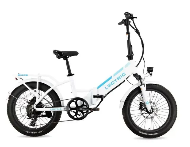 A white folding electric bike with a large tire on a white background.