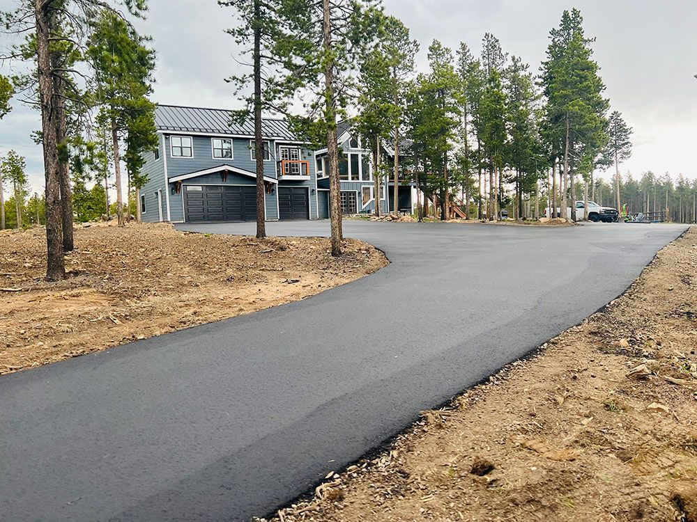 a driveway leading to a large house surrounded by trees.