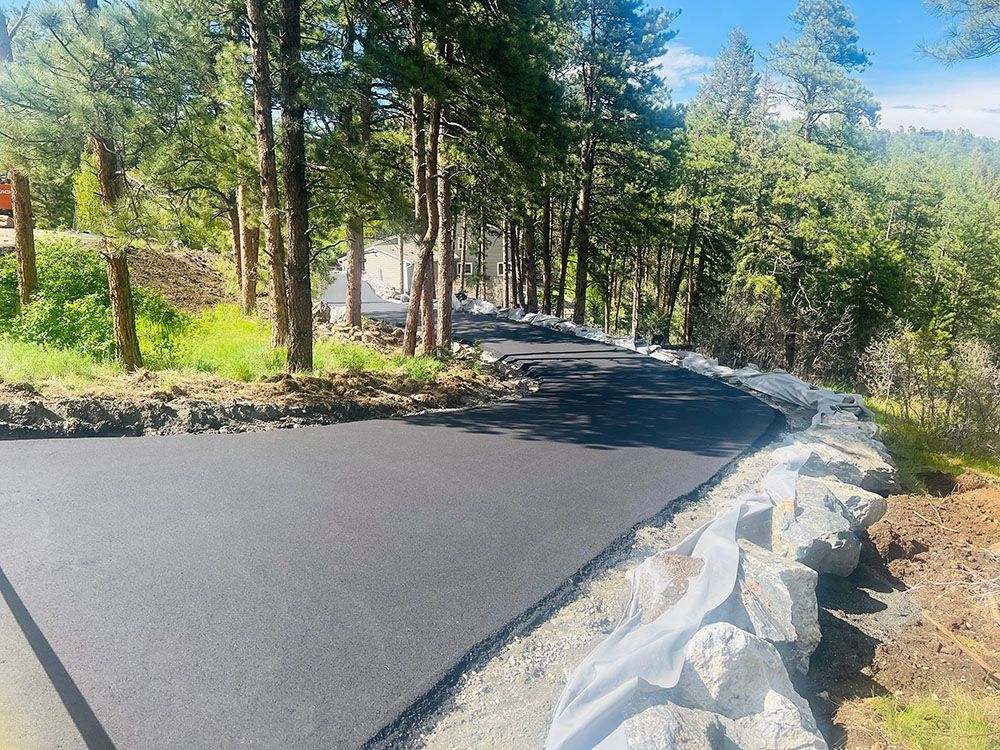 a road going through a forest with trees on both sides.
