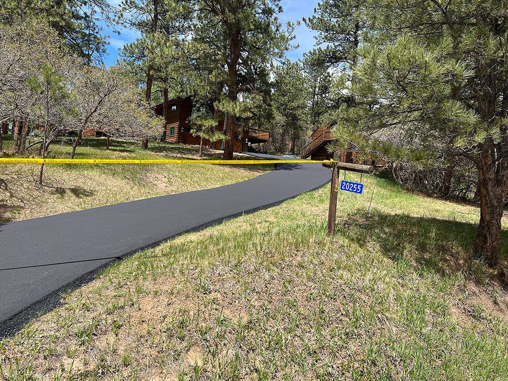 a road going through a lush green field with trees on both sides.