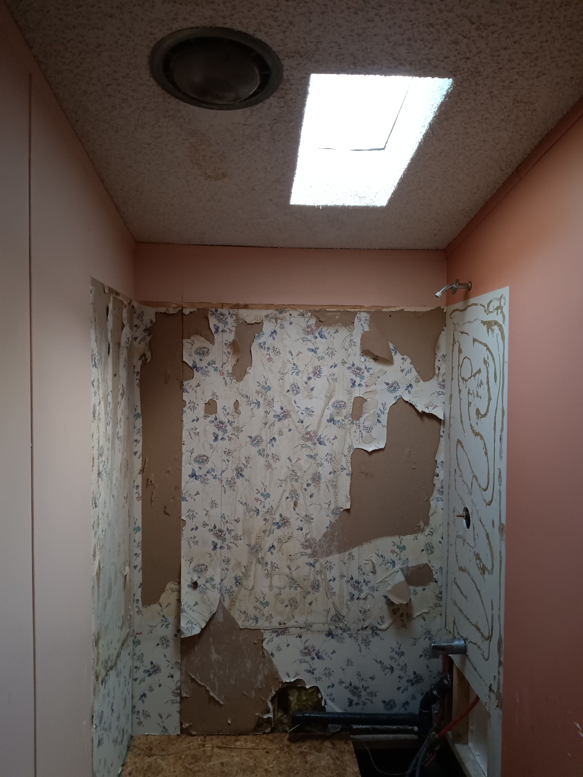 A room with peeling wallpaper and a light on the ceiling