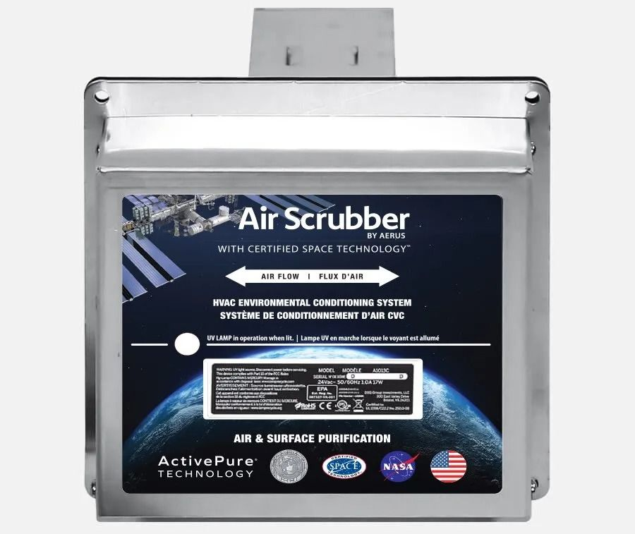 Air scrubber system, duct-mounted with NASA-certified technology, with earth graphic and product details.