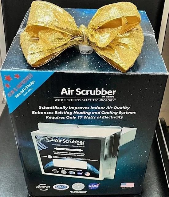 Boxed air scrubber with a gold bow on top.