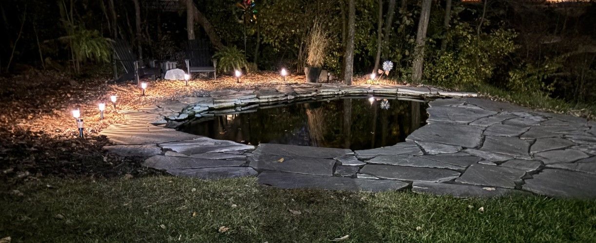 A pond edged with flagstones is surrounded by grass and illuminated by small lights. Trees are in the background.