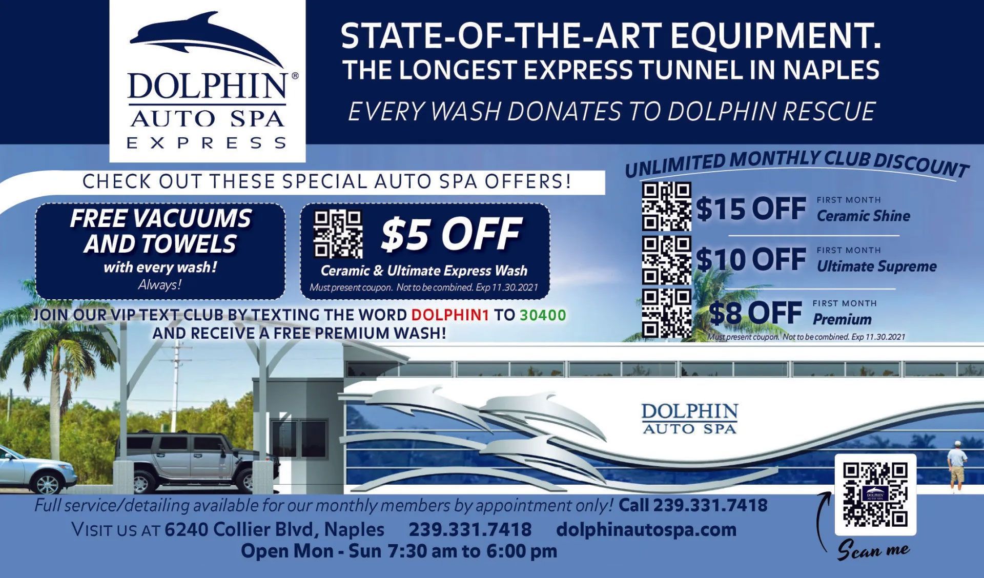 Advertisement for Dolphin Auto Spa Express in Naples, featuring special offers, free vacuums and towels, and monthly club discounts.