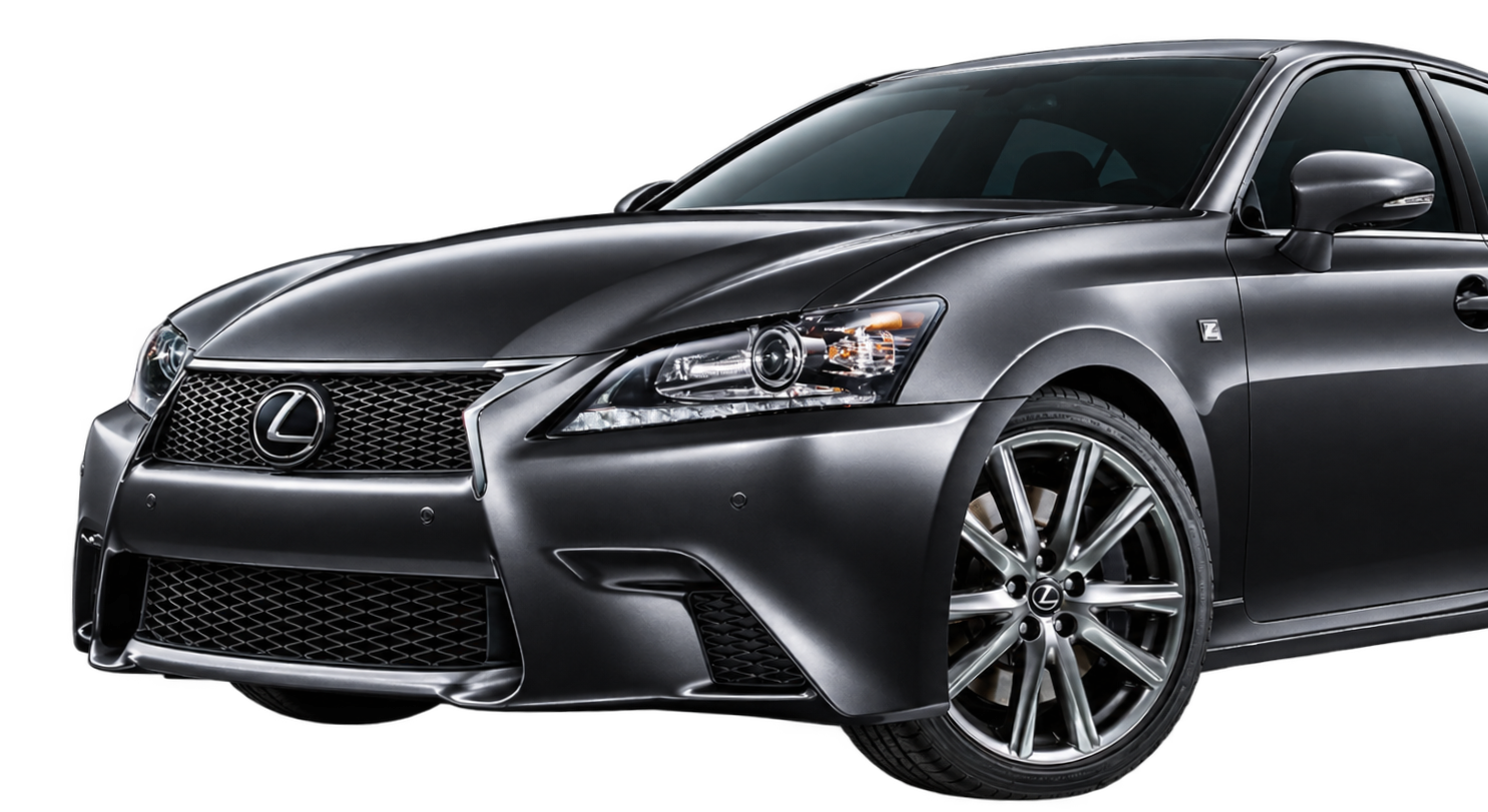 Black Lexus sedan, front three-quarter view.