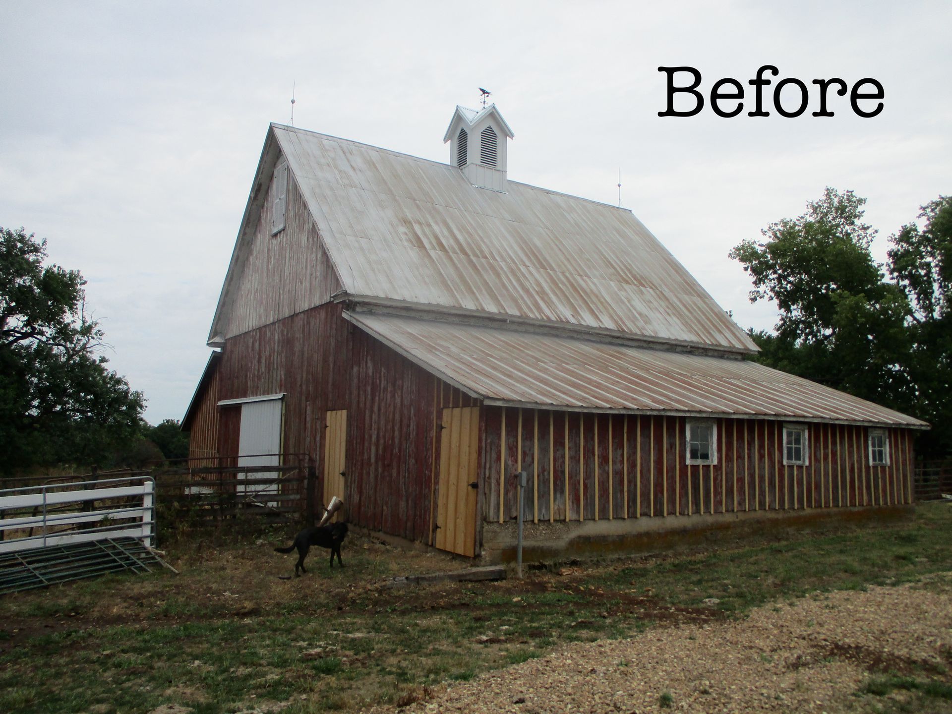 Rustic barn before renovation, with weathered wood siding and a metal roof in a rural field.