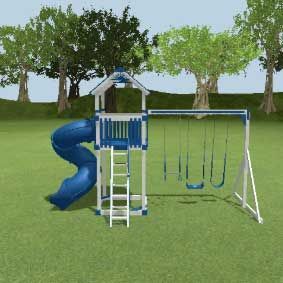A blue and white playground set with swings and a slide