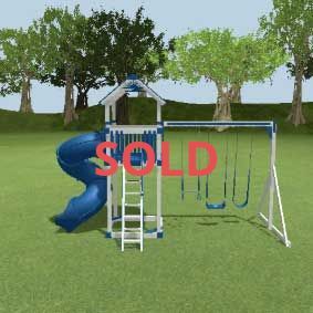 A blue and white playground set with swings and a slide