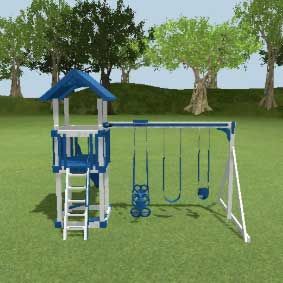 A blue and white playground set with swings and a ladder