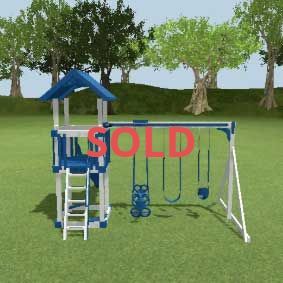 A blue and white playground set with swings and a ladder