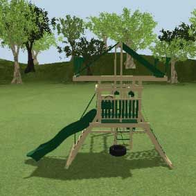 a wooden swing set with a slide and swings in a grassy yard