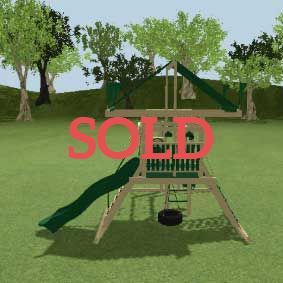 a wooden swing set with a slide and swings in a grassy yard