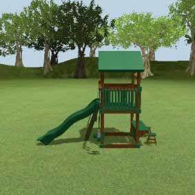 a wooden playground set with a slide