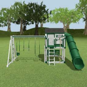 a green and white playground set with a slide and swings