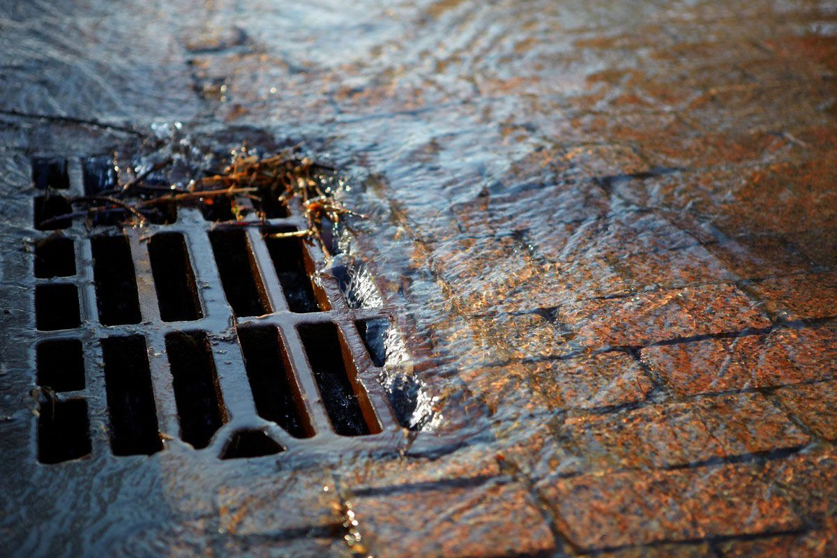 A large hose and a thinner black tube extending into an open manhole on an asphalt road.