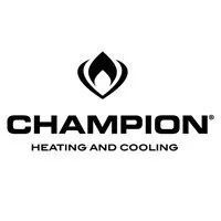 The logo for champion heating and cooling is black and white.