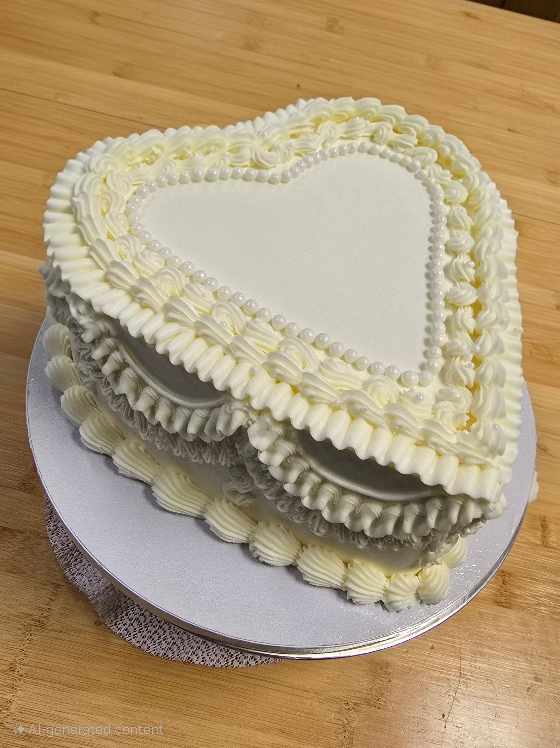 A heart shaped cake is sitting on top of a cake stand on a wooden table.