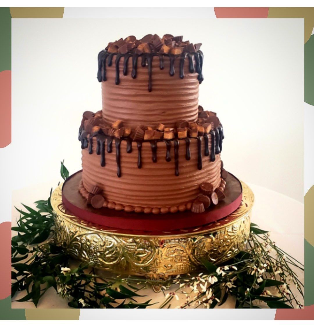 A three tiered chocolate cake with chocolate dripping from the top