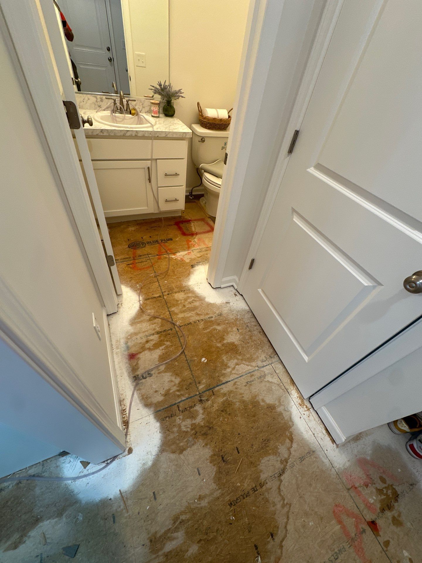 Damaged hallway floor with wet brown stains leading to a bathroom vanity and toilet