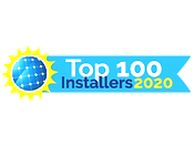 A logo for top 100 installers 2020 with a sun and a blue ribbon.