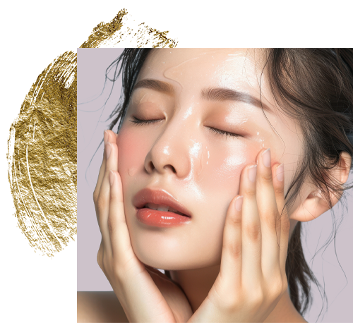 Woman with glowing skin, touching her face, eyes closed. Gold texture in the background.