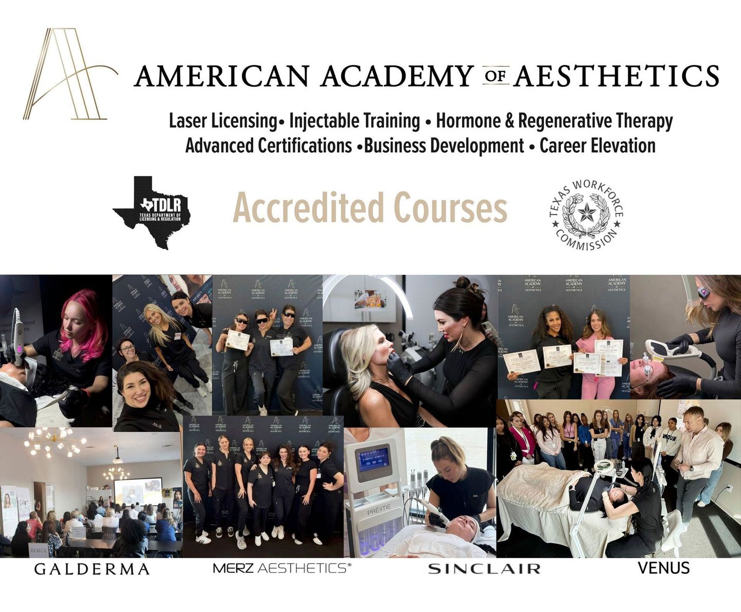 Promotional image for American Academy of Aesthetics with text and photos of students and courses.
