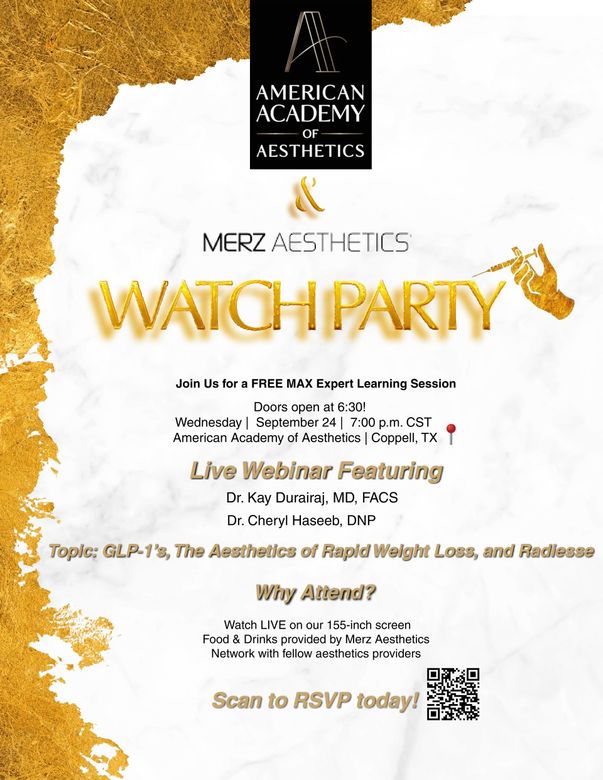 Merz Aesthetics watch party advertisement. Features a webinar with a doctor. RSVP by scanning the QR code.
