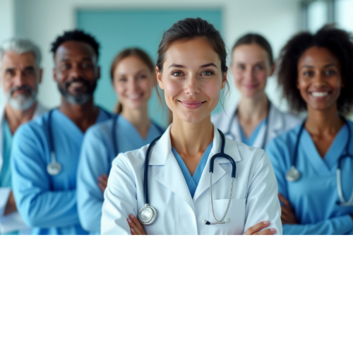 Medical team in scrubs and white coats, smiling.