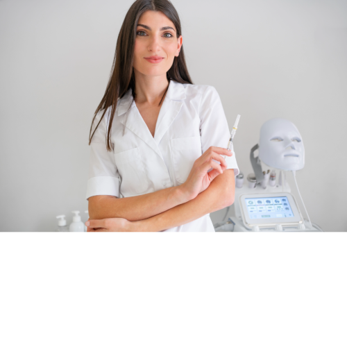 Woman in white coat holding syringe, smiling, next to skincare machine.