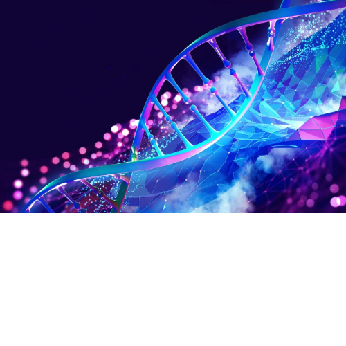 Illustration of a DNA double helix in shades of blue and purple, surrounded by digital effects.