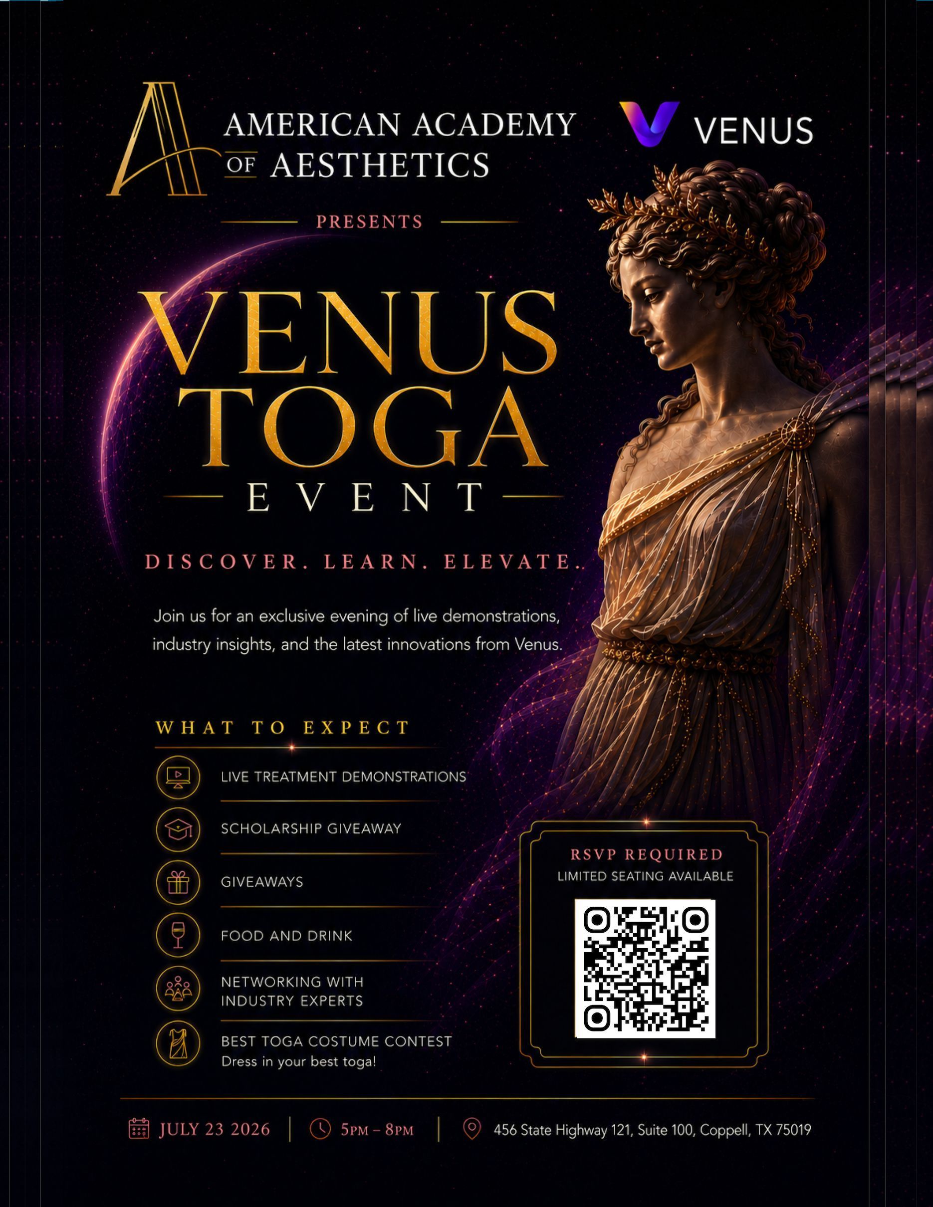 Venus Toga Event poster with gold text, purple accents, a woman silhouette, and a QR code on dark background