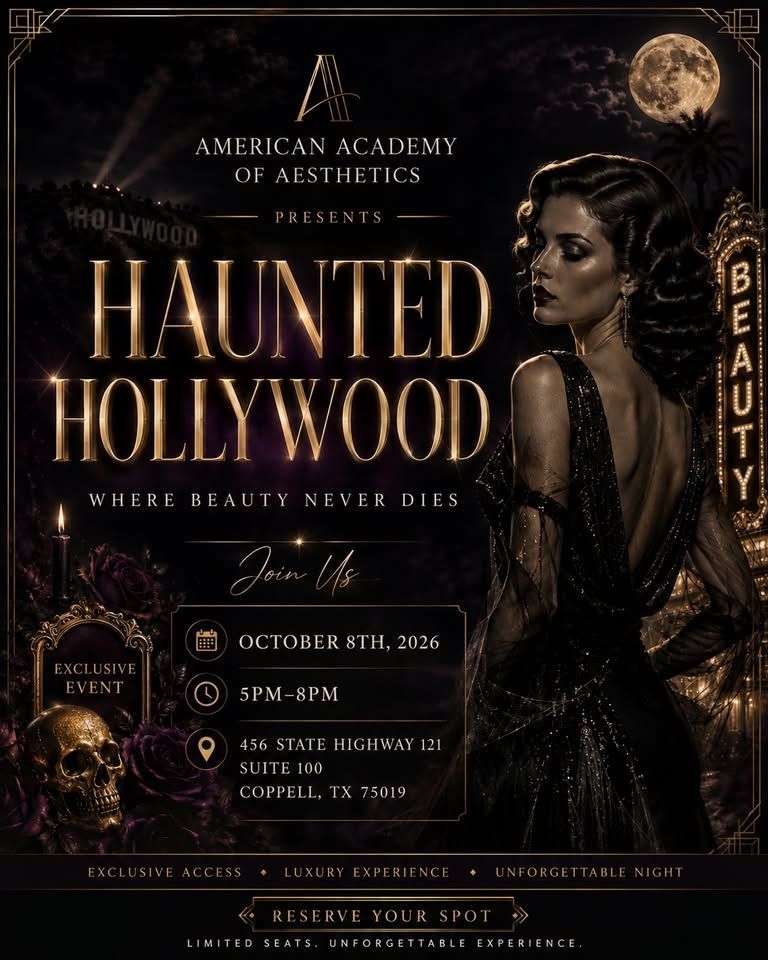 Dark gothic poster for Haunted Hollywood with ornate gold text, moonlit portrait, and event details.