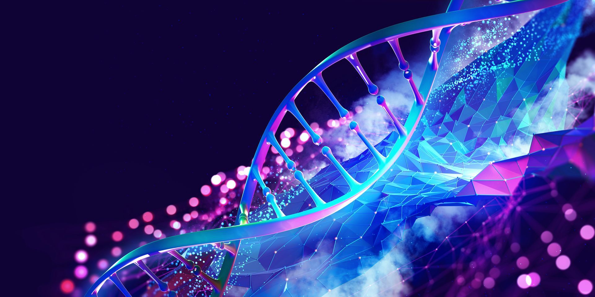 Glowing blue DNA helix with pink particles on a dark purple background