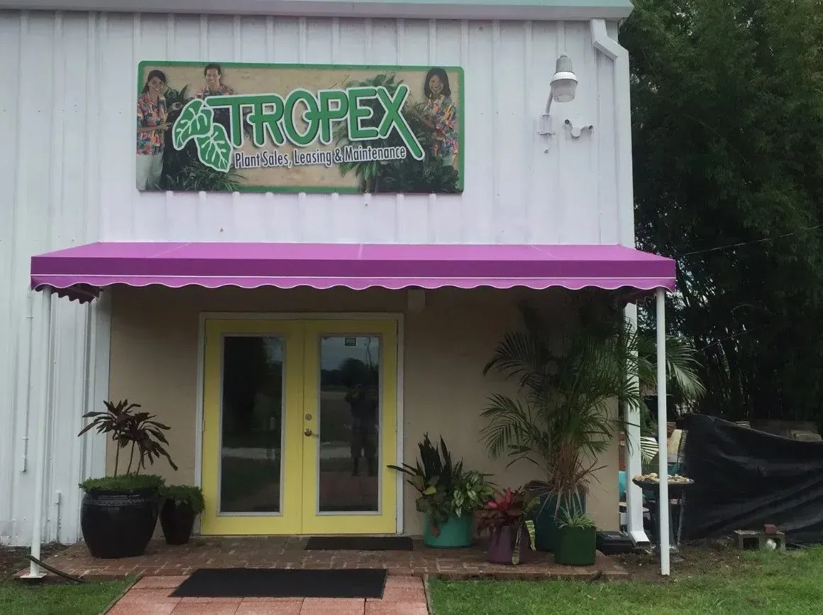 a building with a purple awning and a sign that says tropicex