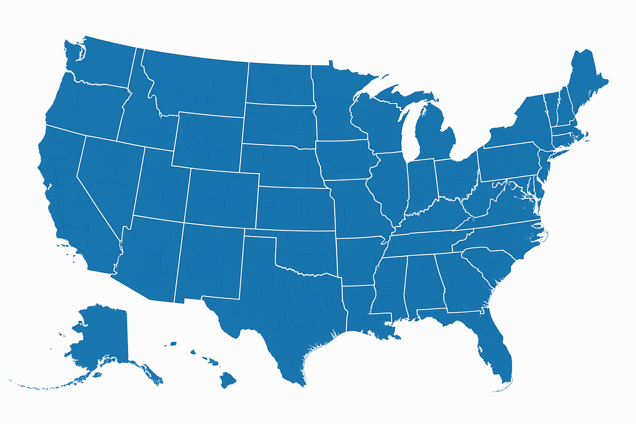 A blue map of the United States of America